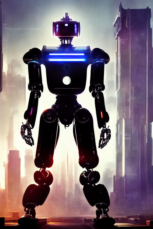 Futuristic humanoid robot in front of blurred cityscape at dawn or dusk