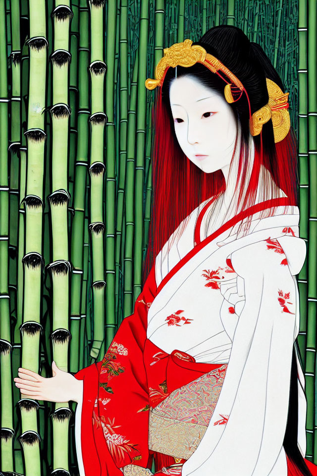 Traditional Japanese geisha in red and white kimono by bamboo forest