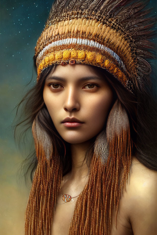 Woman with Feathered Headdress and Beaded Jewelry in Intense Portrait