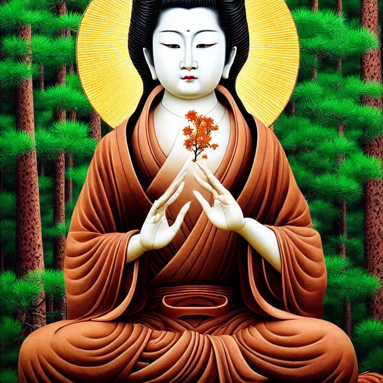 Illustration of Meditating Buddha with Golden Halo and Red-Leafed Tree