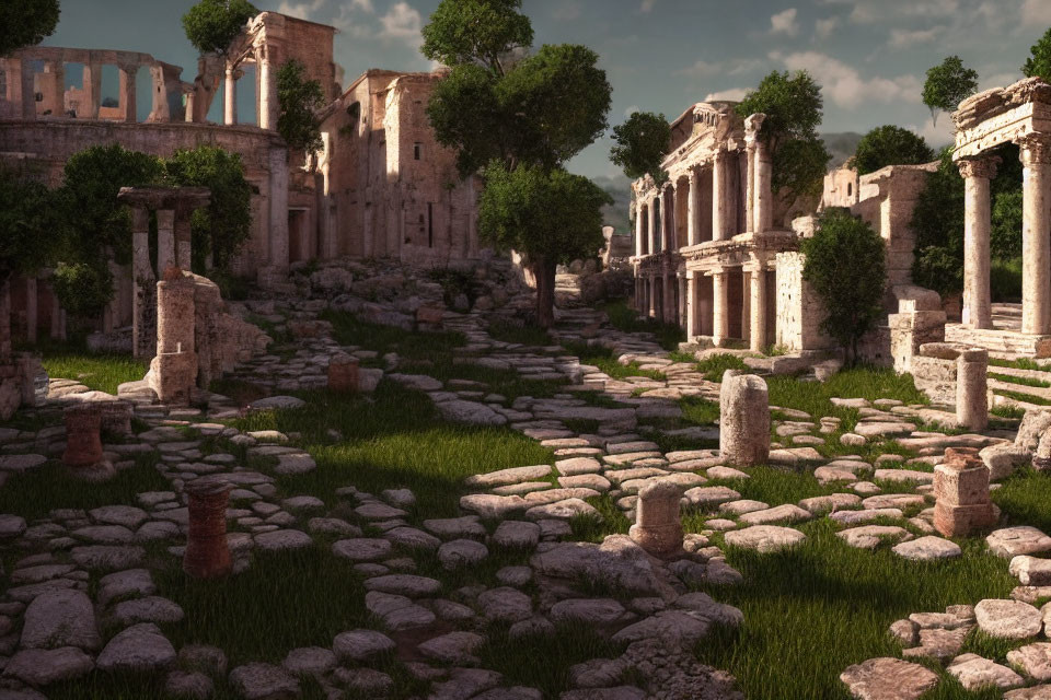 Ancient cobblestone path through ruins with columns and arches and overgrown grass