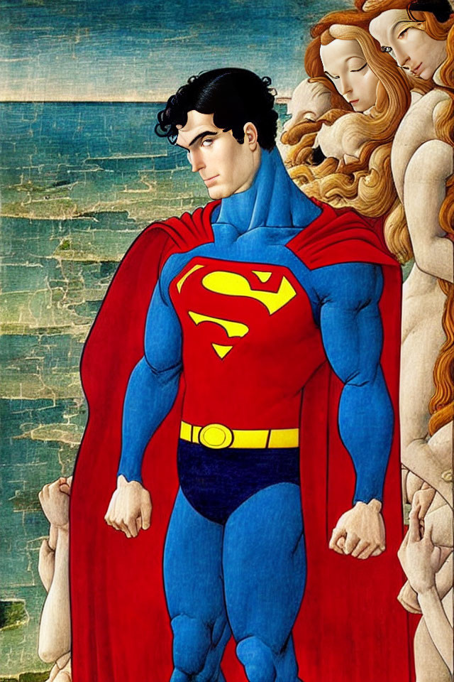 Superman illustration with blue costume and red cape against renaissance backdrop