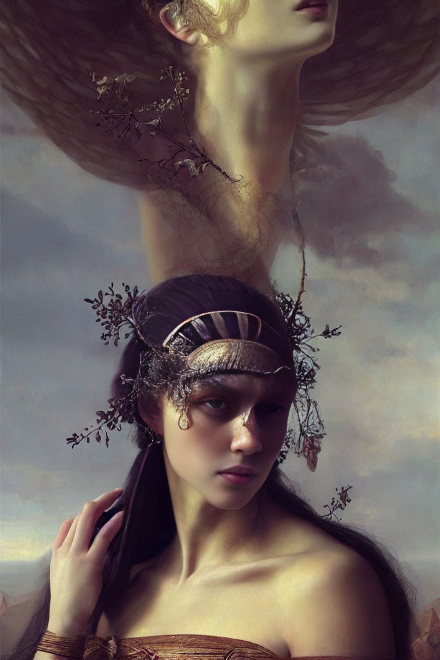 Surreal portrait of woman with elongated neck and branches in clouds