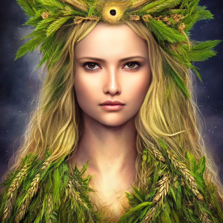 Digital portrait of woman in mystical forest theme with leafy crown and glowing third eye