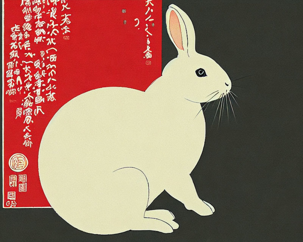 Traditional Japanese-style white rabbit illustration on beige background with red and black Japanese text and seals