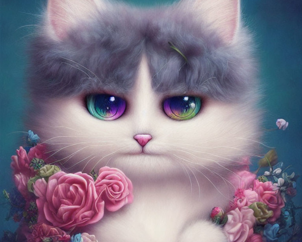 Whimsical fluffy cat with oversized violet and green eyes among vibrant roses