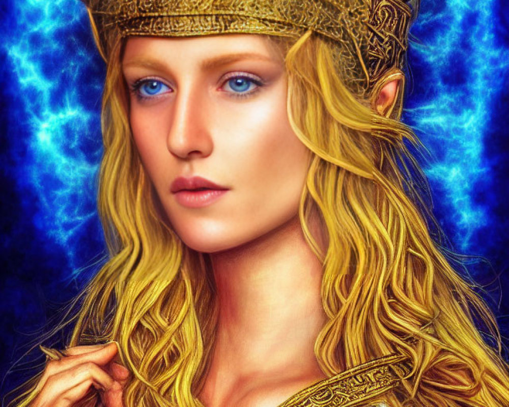 Golden-crowned elfin figure in intricate armor with blond hair on vibrant blue backdrop