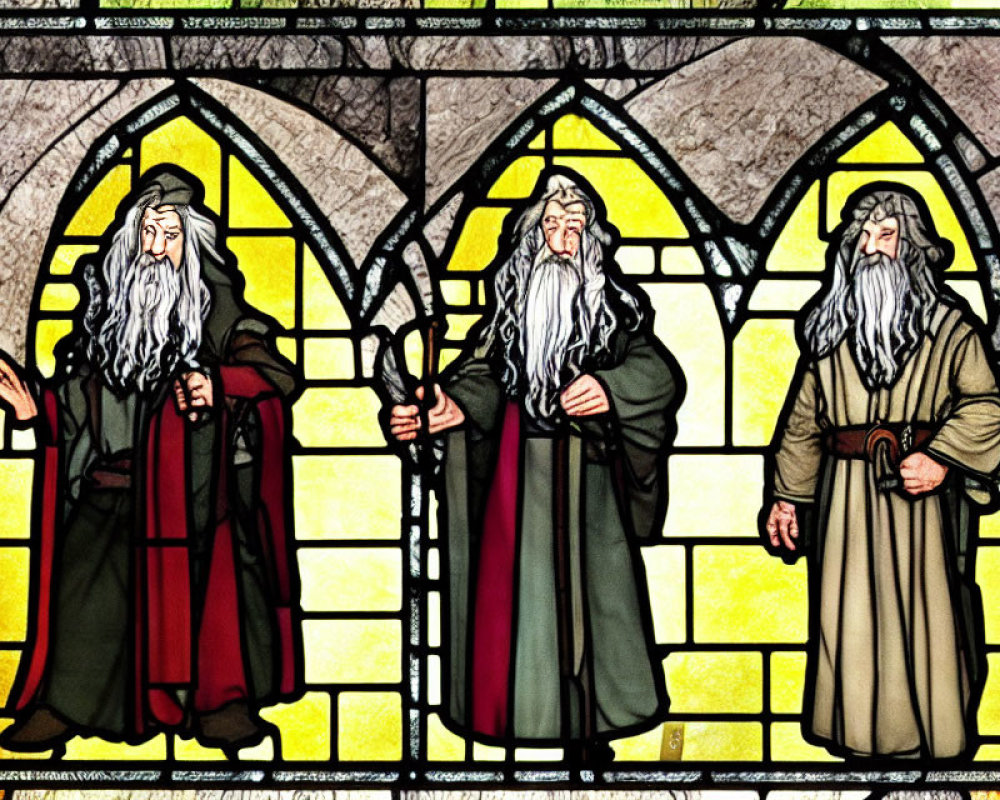 Medieval-style stained glass window with two bearded wizards in robes.