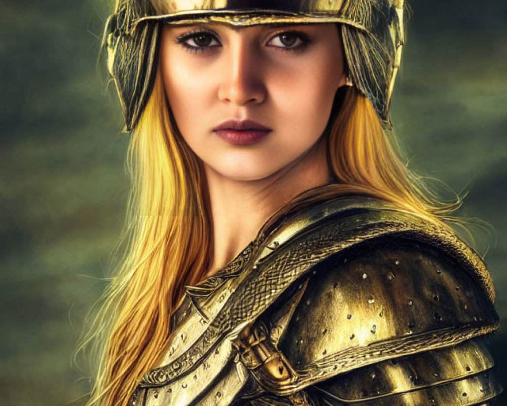 Blonde woman in golden armor with intense gaze