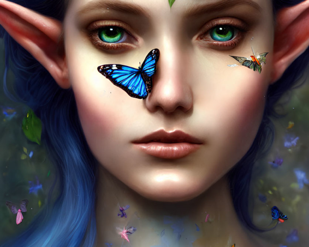 Fantastical creature portrait with pointed ears, green eyes, blue hair, flower crown, and butterflies
