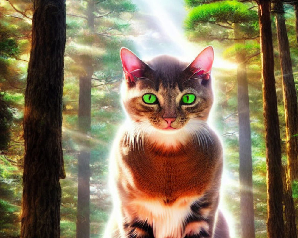 Digitally altered image: Large cat on wooden platform in sunlit forest