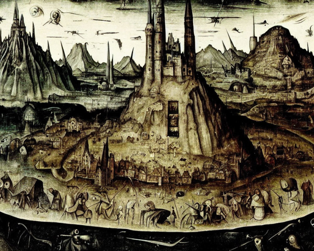 Medieval landscape with tower, mountains, tents, and figures under foreboding sky.