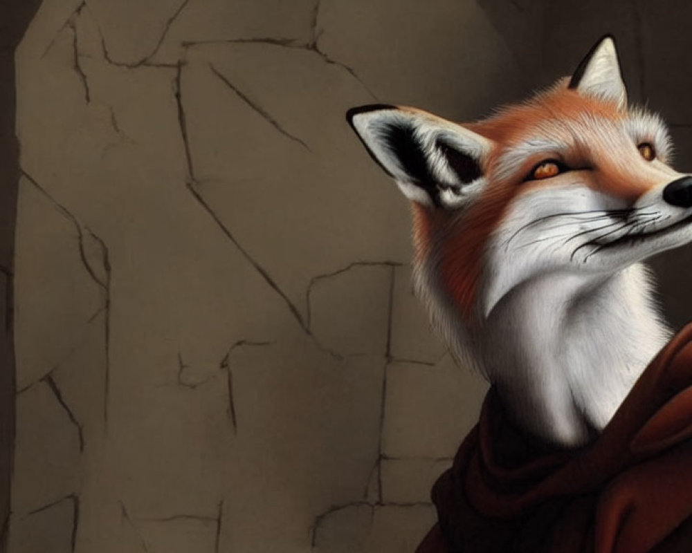 Anthropomorphic fox digital painting with earth-toned shawl on crackled background