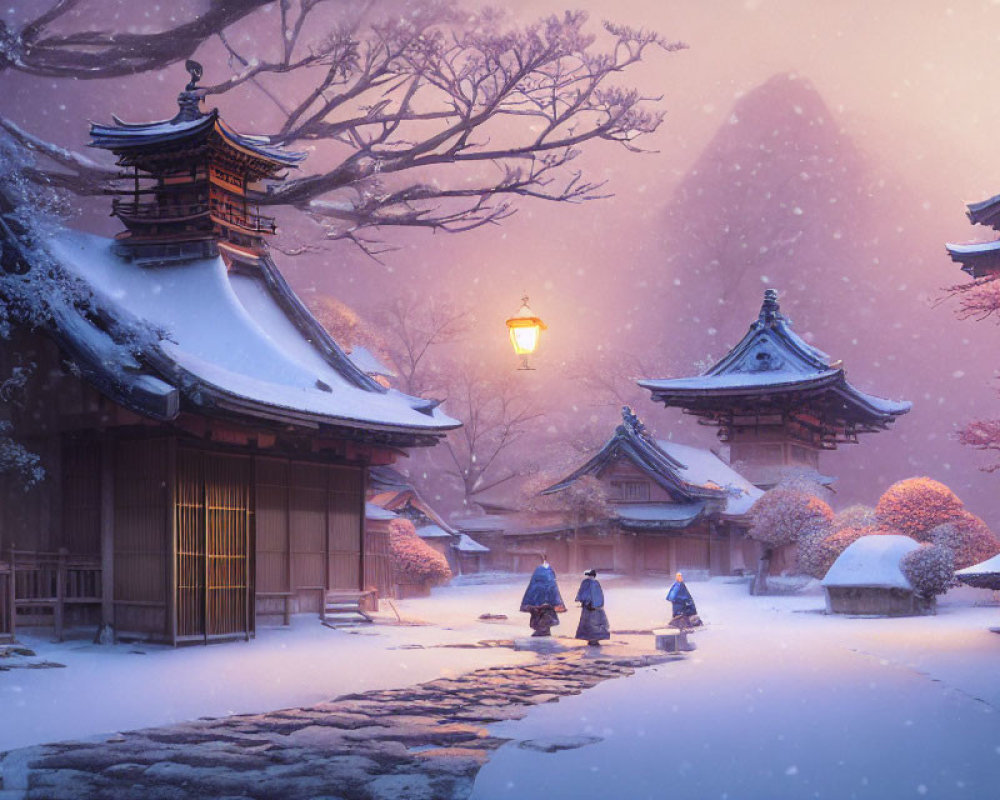 Snow-covered Japanese scene at twilight with lantern and figures in kimonos.