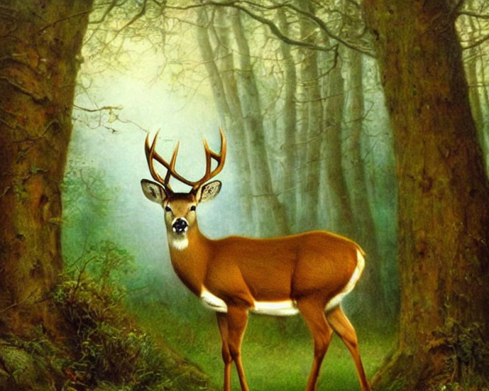 Misty forest scene with solitary deer among tall trees