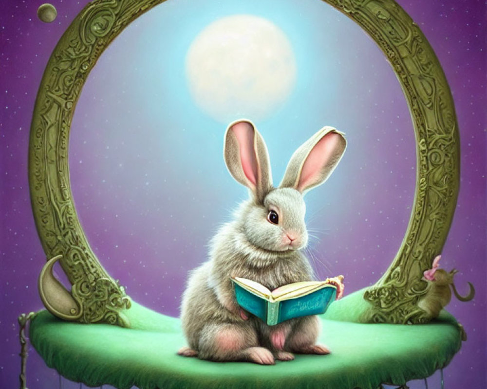 Rabbit reading book on green cushion with moon reflected in ornate mirror