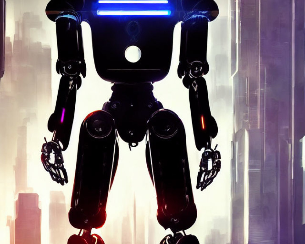 Futuristic humanoid robot in front of blurred cityscape at dawn or dusk