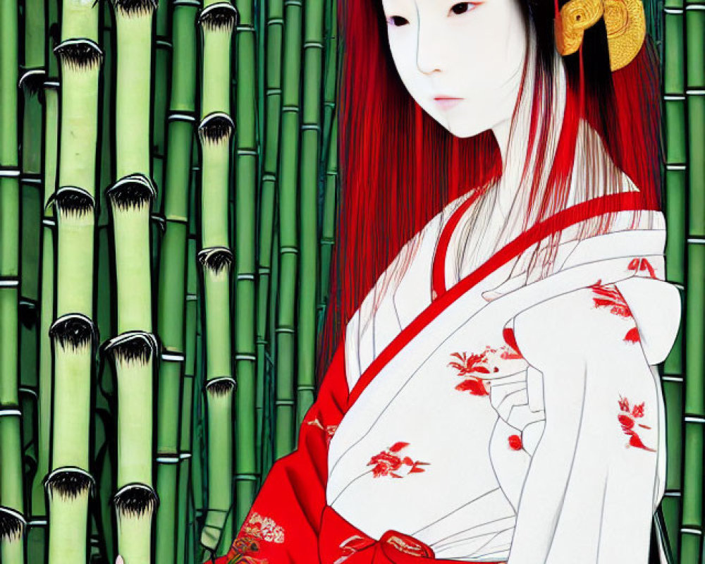 Traditional Japanese geisha in red and white kimono by bamboo forest