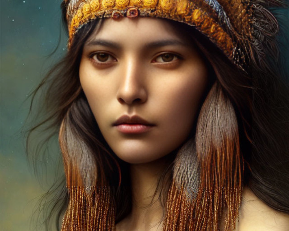 Woman with Feathered Headdress and Beaded Jewelry in Intense Portrait