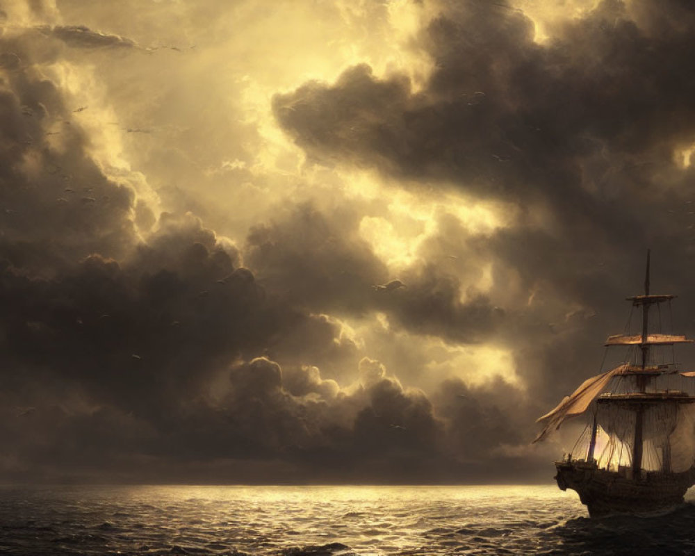 Vintage sailing ship on stormy sea with sunlight piercing through clouds