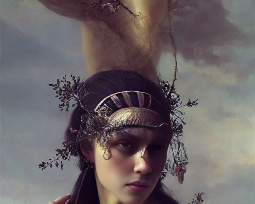 Surreal portrait of woman with elongated neck and branches in clouds