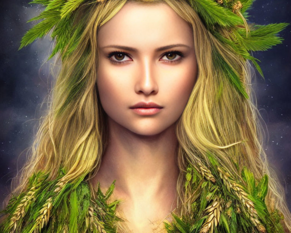 Digital portrait of woman in mystical forest theme with leafy crown and glowing third eye