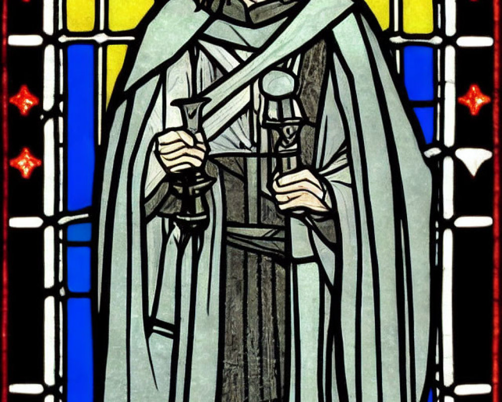 Illustration of robed figure with sword in stained glass window style