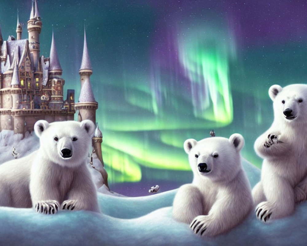 Whimsical polar bears on icy surface with fantasy castle under aurora borealis