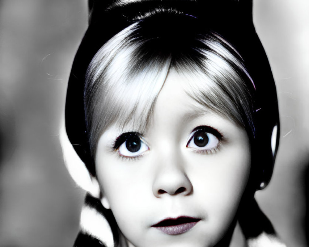 Young child with blue eyes and striped hair gazes ahead innocently.