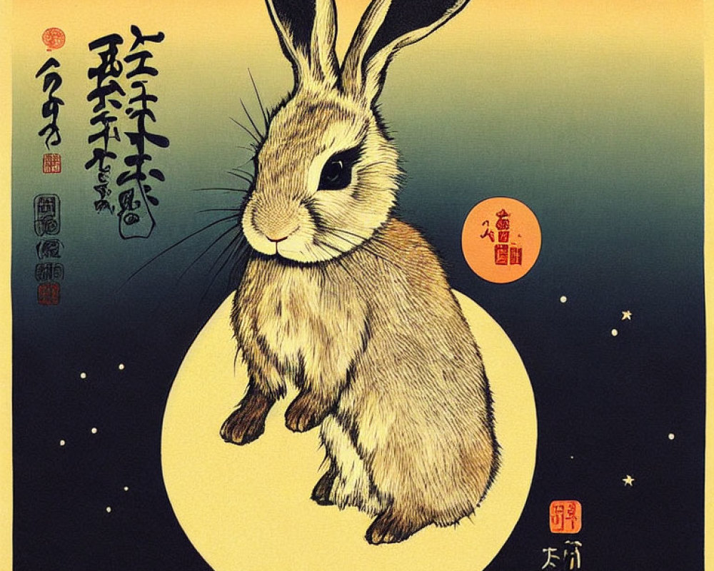 Traditional Asian-style rabbit illustration on full moon with Japanese text in warm sky.