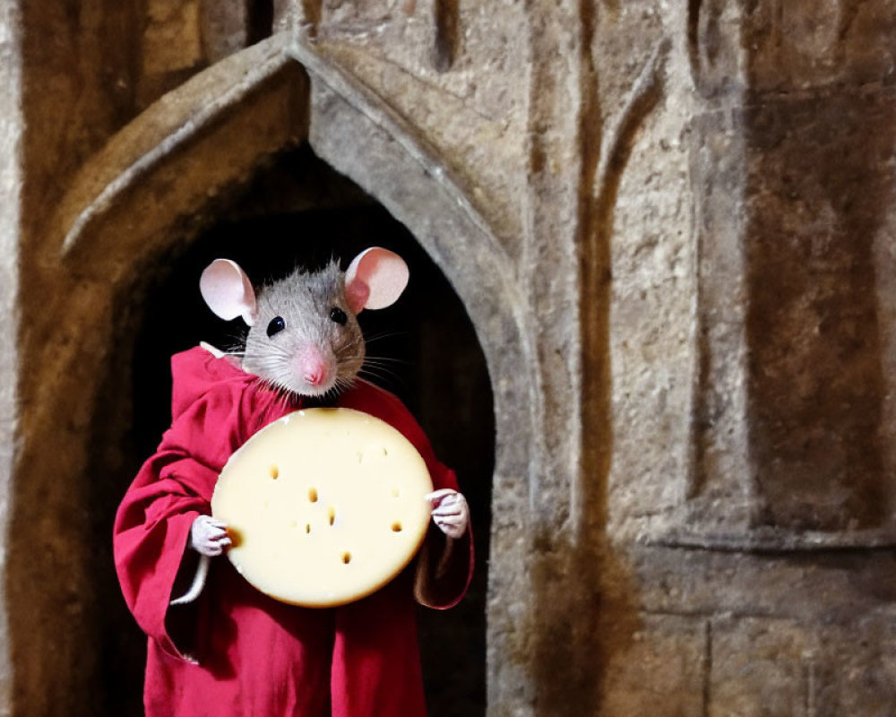 Person in Mouse Costume Holding Fake Cheese Slice in Gothic Stone Archway