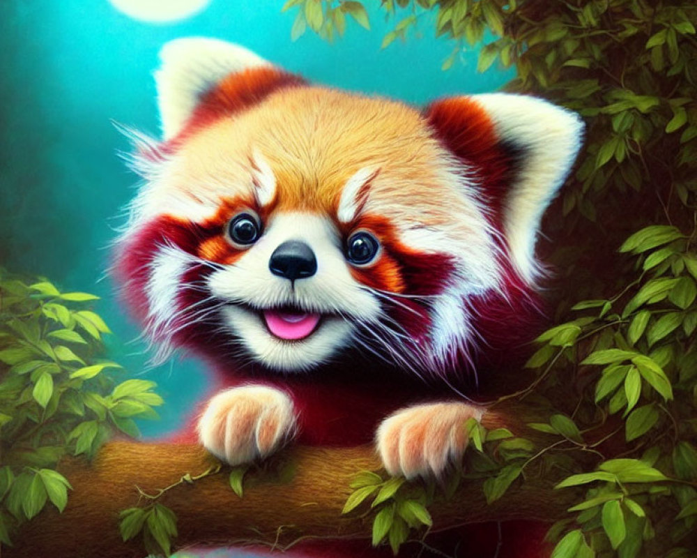 Illustration of expressive red panda on branch in lush greenery