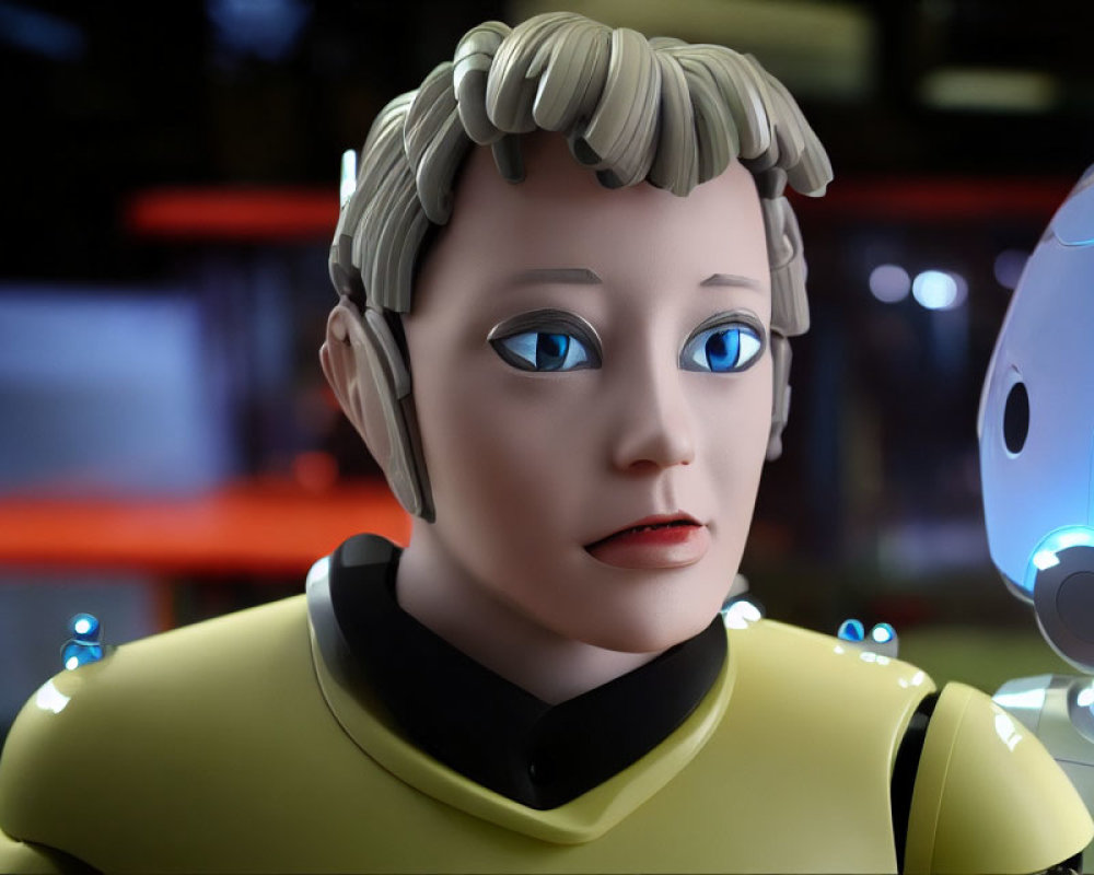 Blond-Haired Human-Like Robot in Yellow Outfit beside Spherical Robot