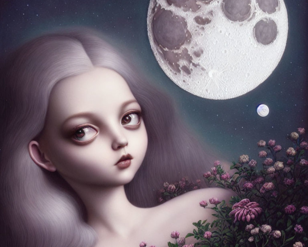Illustration of pensive girl with pale skin and silver hair in flower field under moon and stars