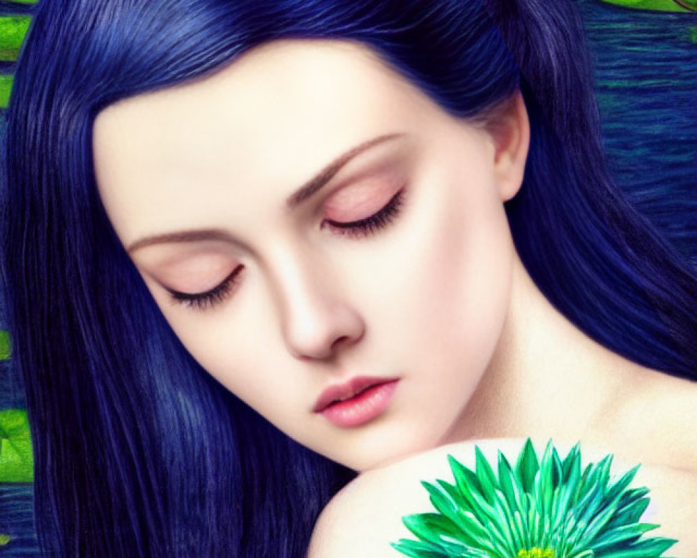 Illustration of woman with long blue hair holding green flower on lily pad backdrop