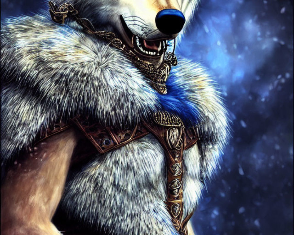 Anthropomorphic wolf in fur cloak and ornate armor on starry backdrop