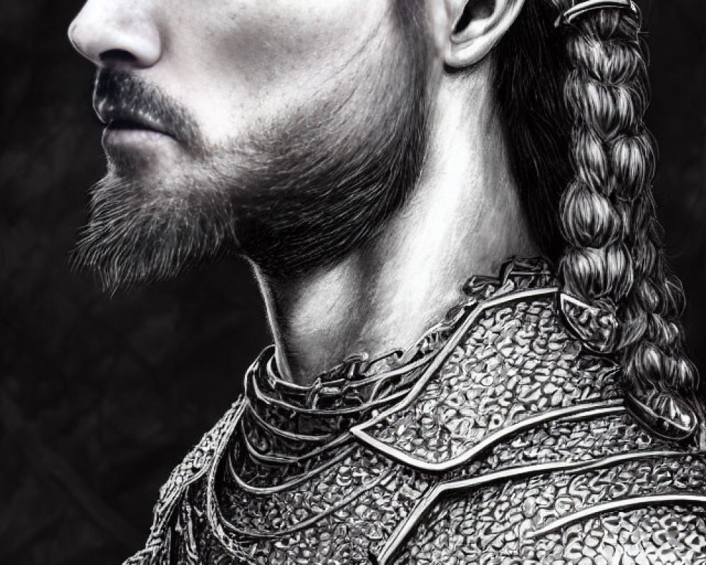 Bearded man in medieval armor with braided hairstyle