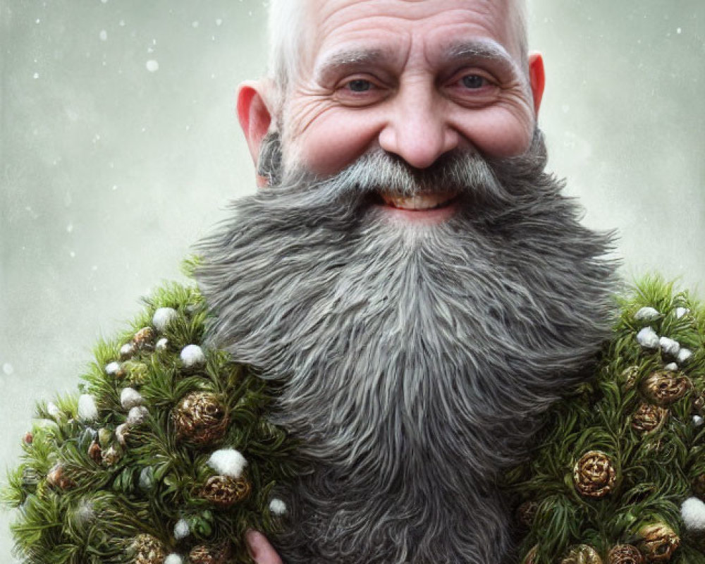 Bearded man with festive garland in snowy scene
