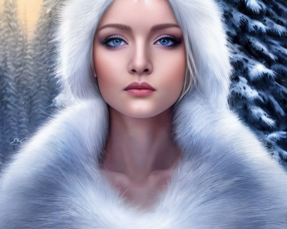 Portrait of Woman in White Fur Hood Against Snowy Background