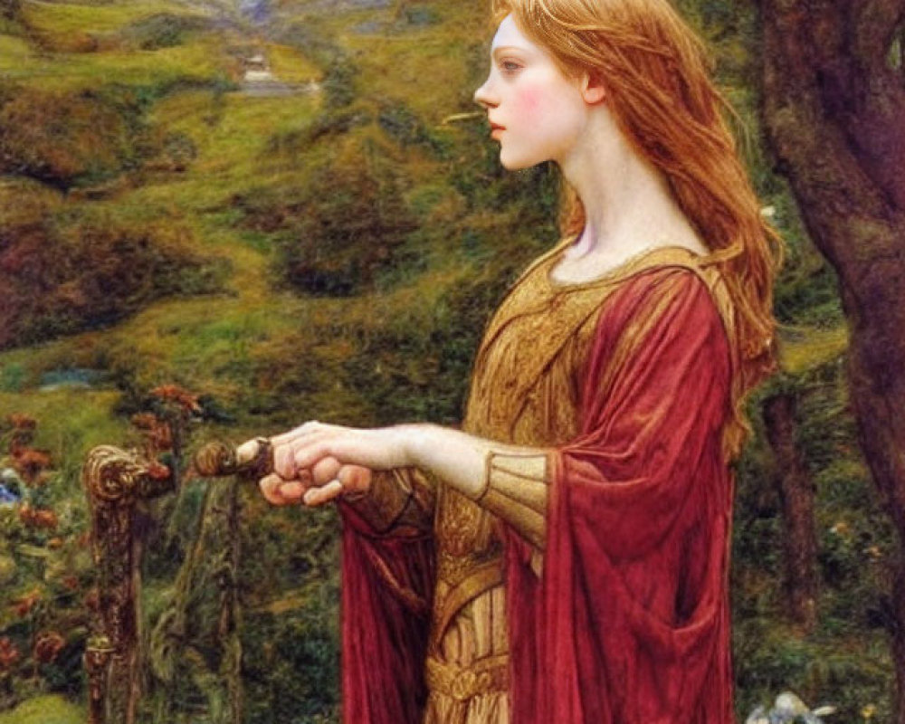 Pre-Raphaelite style painting of woman with sword in red dress in lush landscape