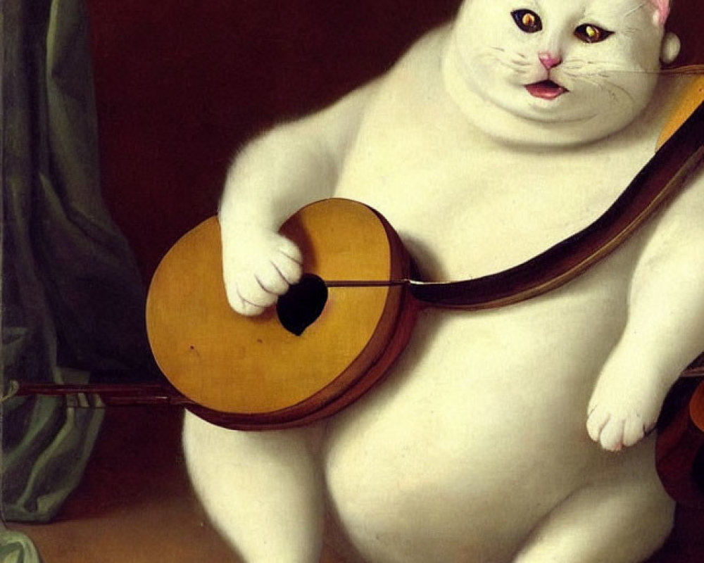 White anthropomorphic cat playing lute with violin on table