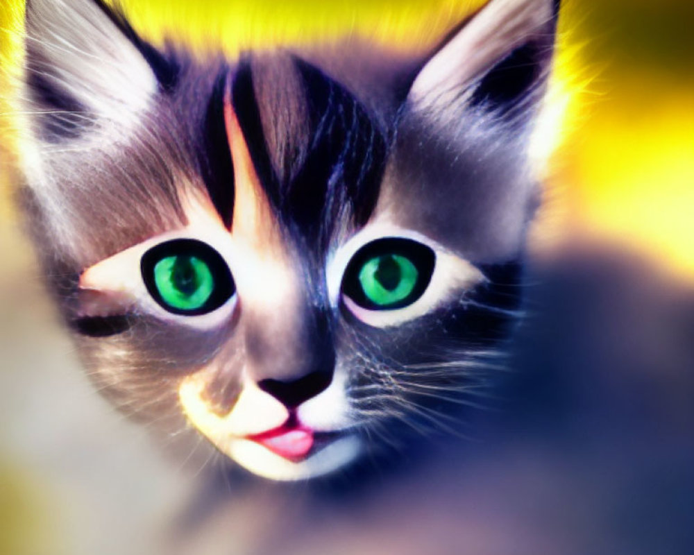 Digitally manipulated image of playful kitten with oversized green eyes