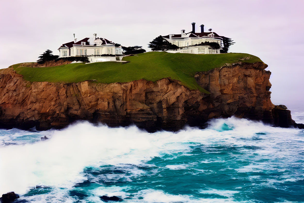 Grand Houses Overlooking Turbulent Ocean Waves