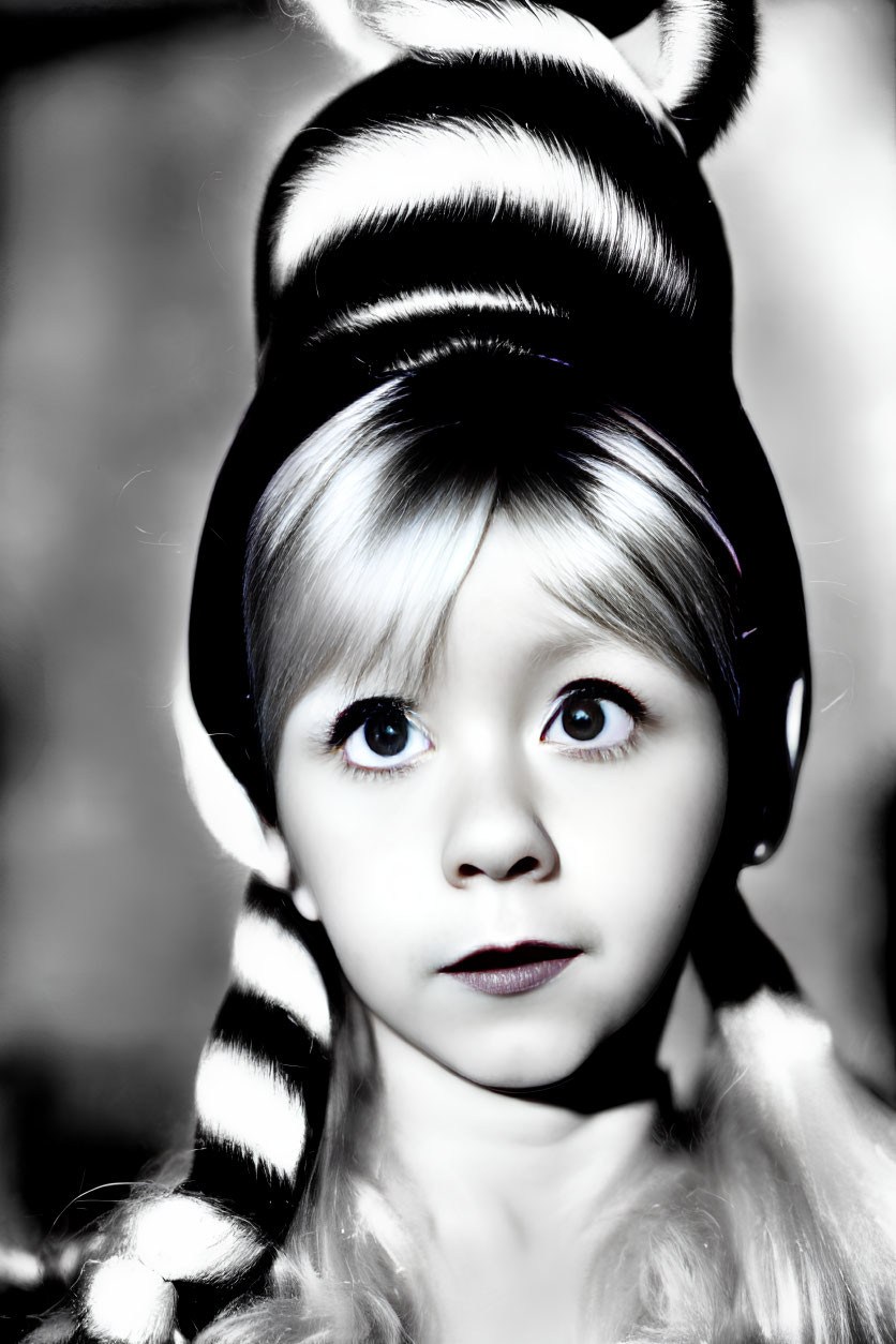 Young child with blue eyes and striped hair gazes ahead innocently.