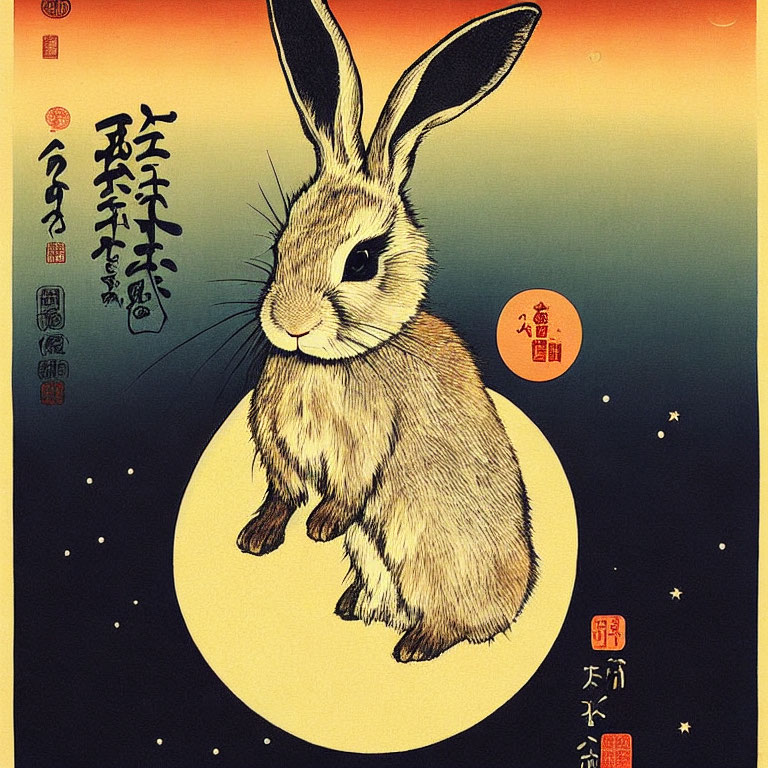 Traditional Asian-style rabbit illustration on full moon with Japanese text in warm sky.