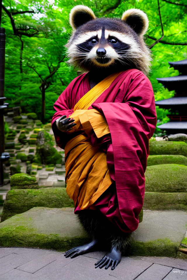 Raccoon in red robe with yellow sash in temple garden