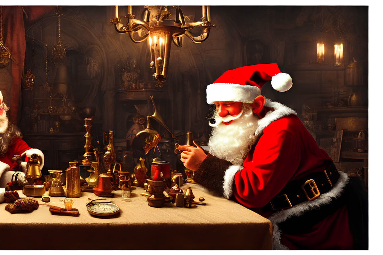 Santa Claus inspecting a toy in a cozy workshop