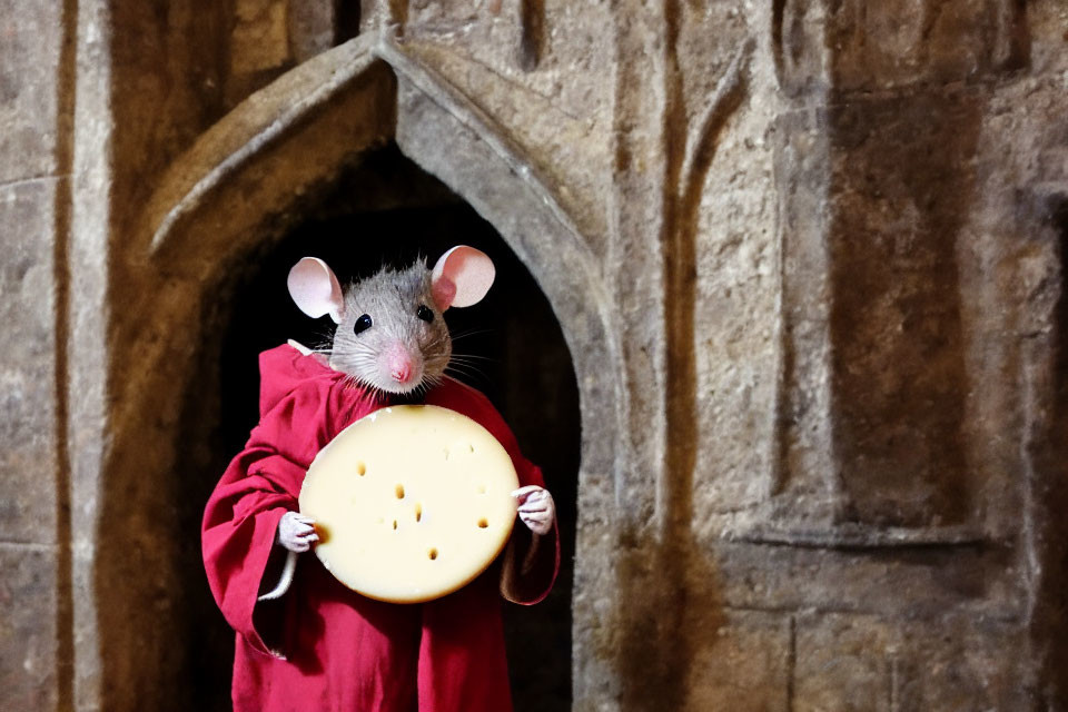 Person in Mouse Costume Holding Fake Cheese Slice in Gothic Stone Archway