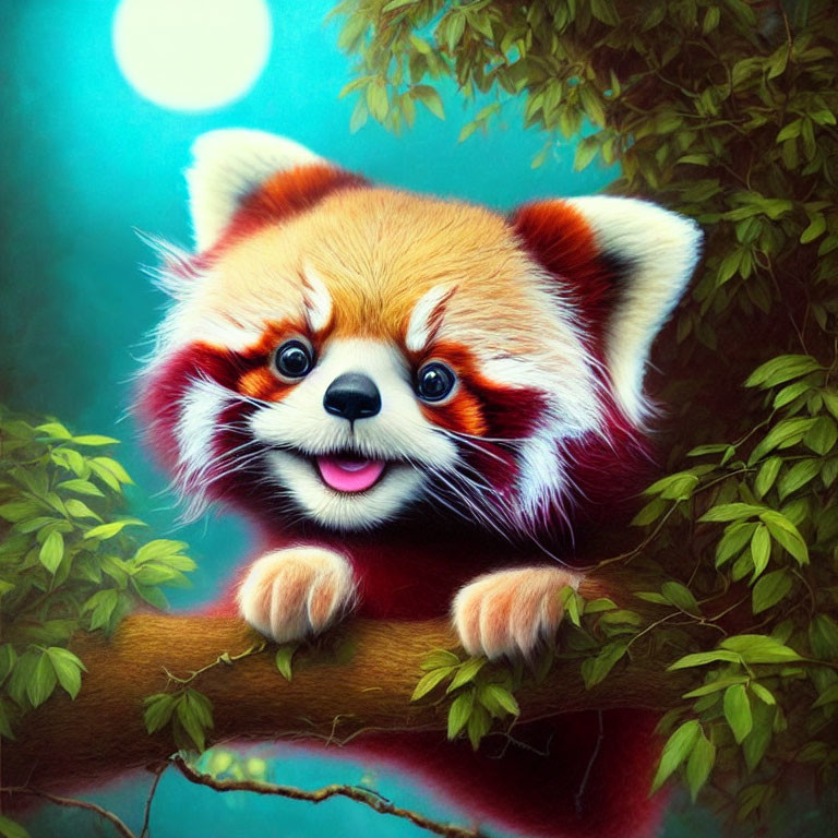 Illustration of expressive red panda on branch in lush greenery