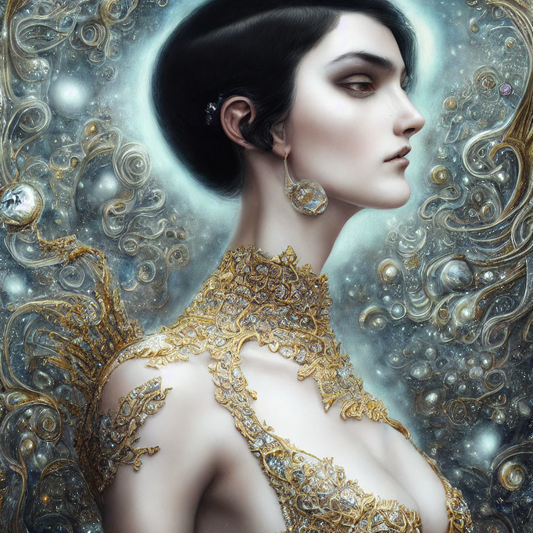 Pale-skinned woman with dark hair in cosmic setting with golden filigree dress